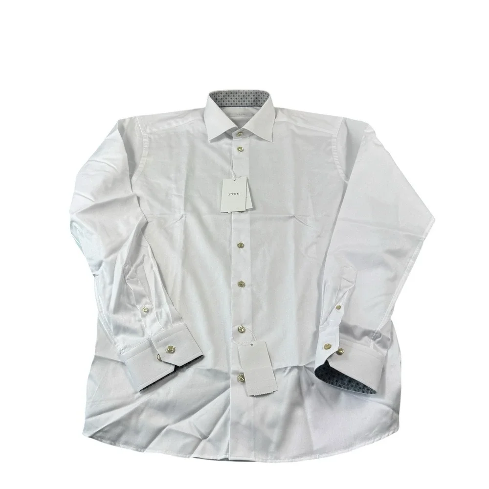 ETON Current White Gray Geometric Flip Cuff Men's L/S Button‎ Front Slim 17 NWT